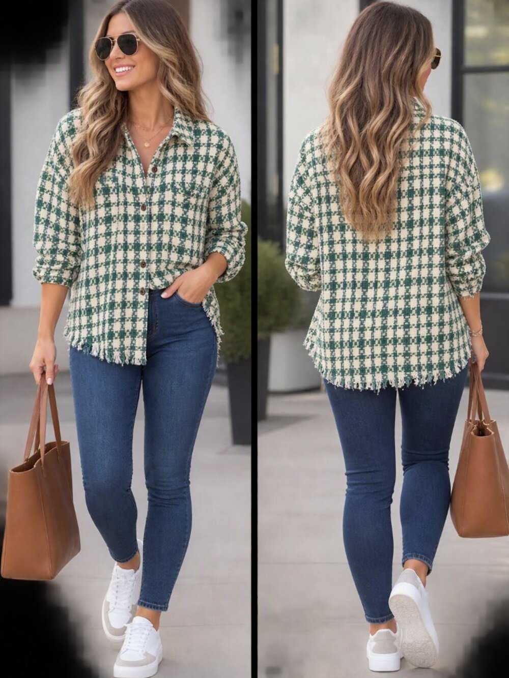 Urban Outfitters BB Dakota Green Check Tweed Button-Up Shirt Jacket medium